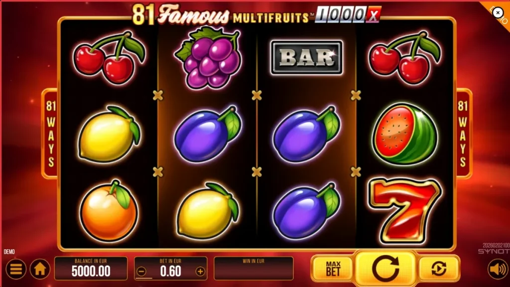 Tampilan visual mesin slot 81 Famous Multifruits 1000 dengan simbol buah dan neon