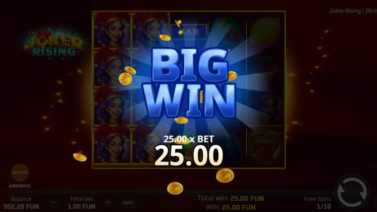 Tampilan visual slot Joker Rising dengan simbol buah neon dan karakter Joker
