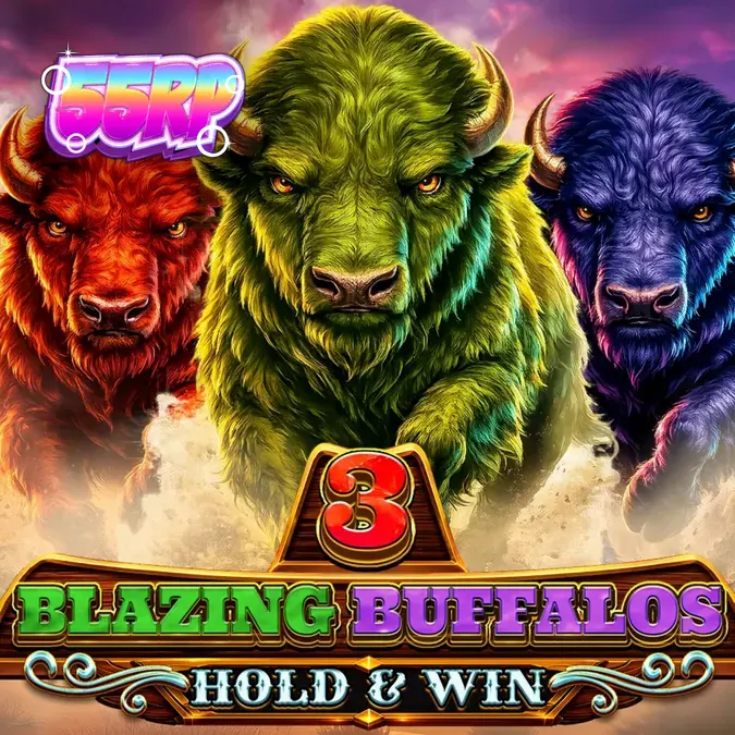 Tampilan visual slot 3 Blazing Buffalos: Hold & Win dengan latar belakang ngarai neon